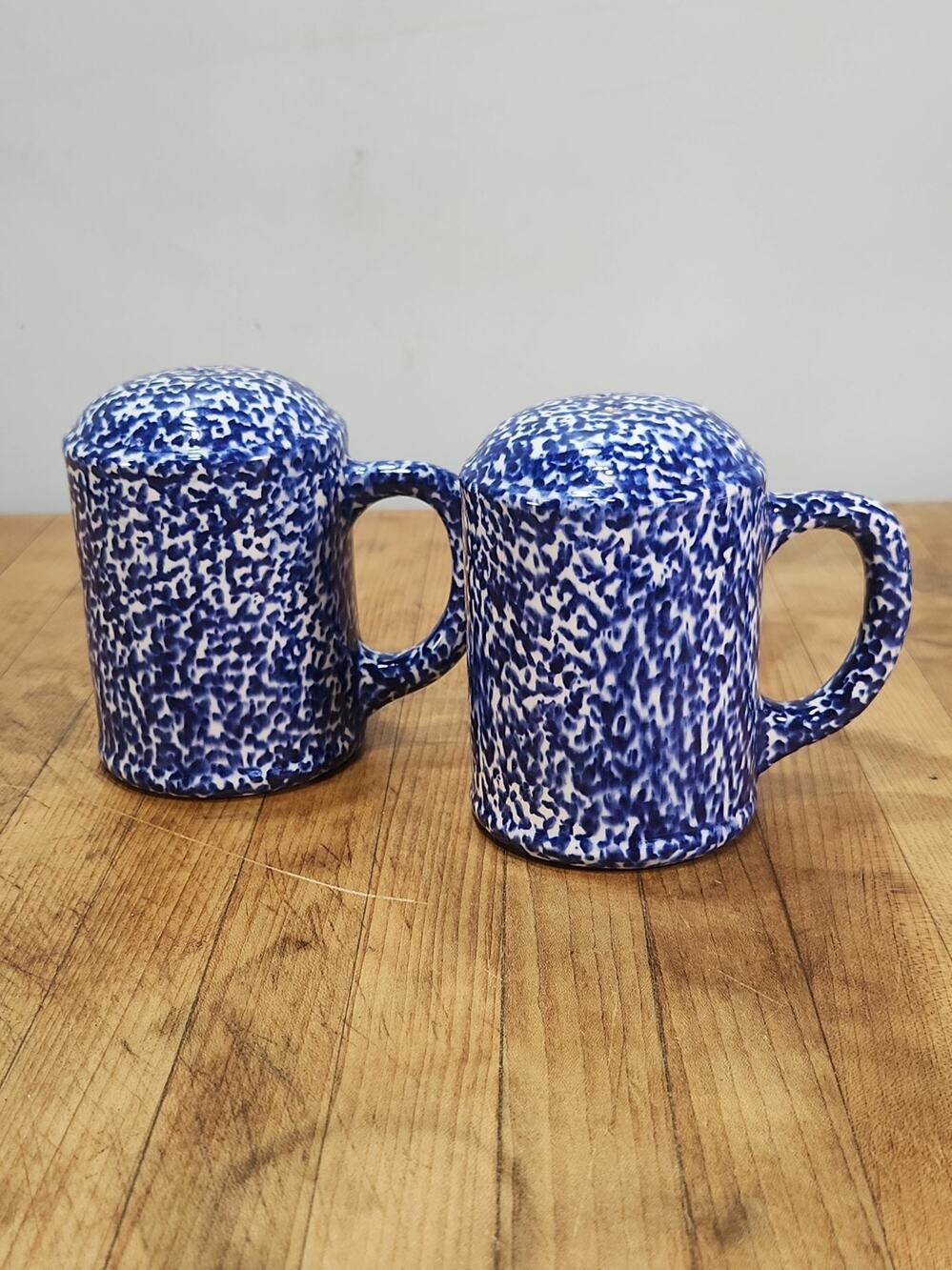 Vintage Blue White Spongeware Salt Pepper Shakers Pottery Farmhouse Pair